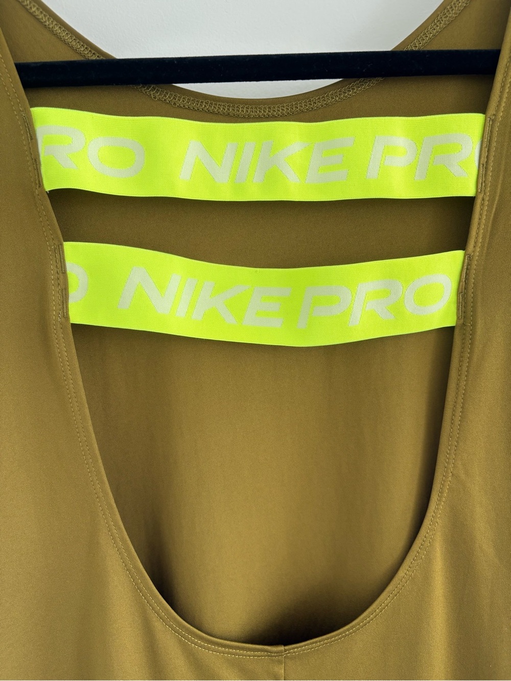 Nike Olive Green Women's Open-Back Performance Tee with Neon Yellow Straps - Picture 4 of 6
